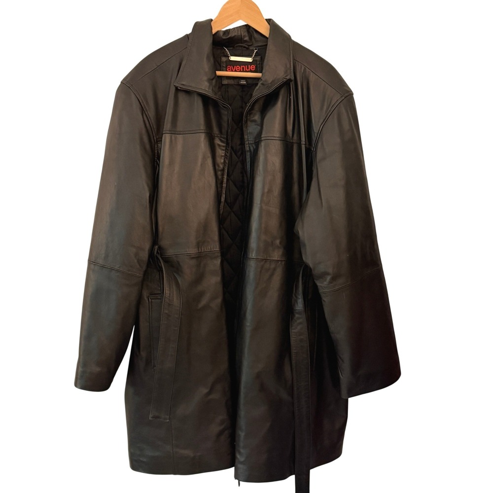 Avenue Leather Jacket Women 26/28 Black Excellent Quilted Lining Belted Coat